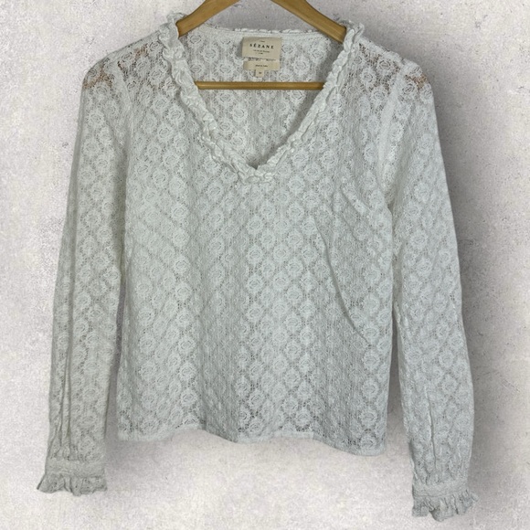 Sezane Leonora Blouse Ecru White Size 34 French US 2 V-Neck Ruffle Sheer Lace - Picture 3 of 14
